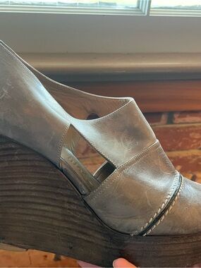 Chloe Grey Leather Peep Wedge Heels